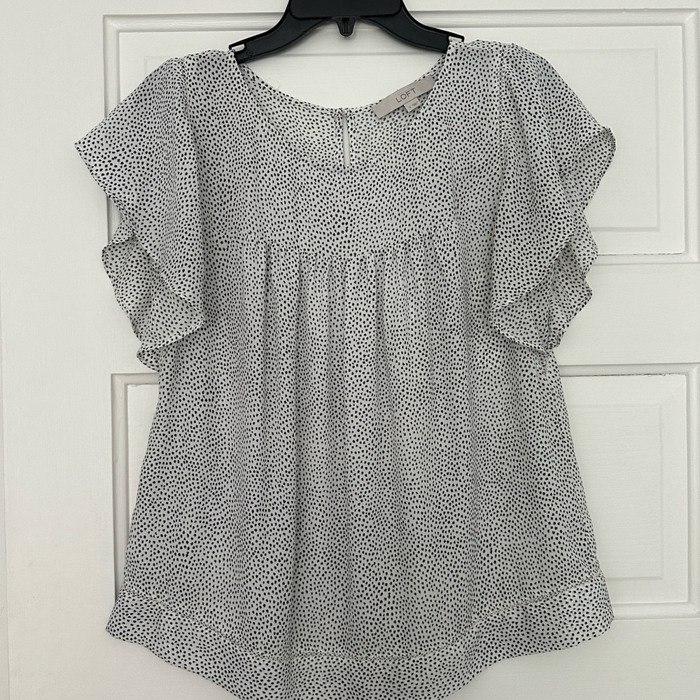 LOFT Black and White Flutter Sleeve Blouse with Ruffled Details